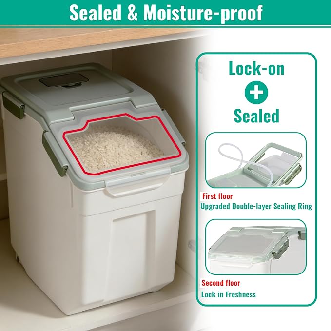 Rice Container 25 lbs Large Bulk Flour Sugar Storage Holdhouse Plastic Grain Cereal Dry Goods Bin with Spoon and Measuring Cup for Kitchen Pantry Organization - Green
