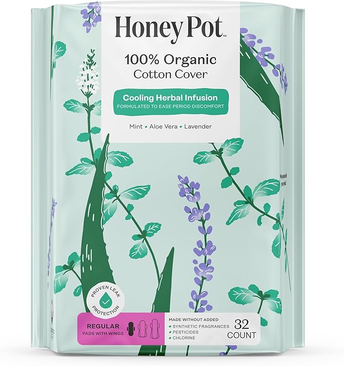 Honey Pot - Herbal Sanitary Pads for Women - Regular Flow w/Wings - Infused w/Essential Oils for Cooling Effect & Organic Cotton Cover – Medium Pack - Feminine Care - 32 ct