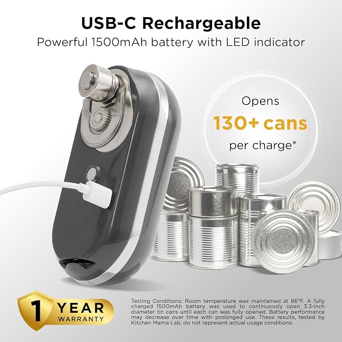 Kitchen Mama Mini Plus Rechargeable Electric Can Opener, Metal Gray | USB-C Charging, Hands-Free Auto Stop, Cordless Smooth Edge, Compact for Travel, Perfect for Seniors with Arthritis