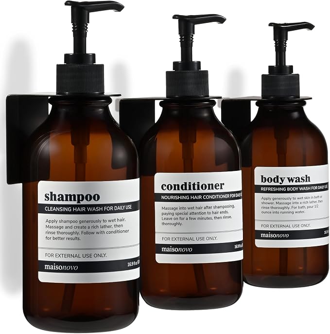 Shampoo and Conditioner Dispenser Wall Mounted Set of 3 Amber Black - No Drill Shower Soap Dispenser for Bathroom Refillable - Spa Hotel Style Accessories by MaisoNovo