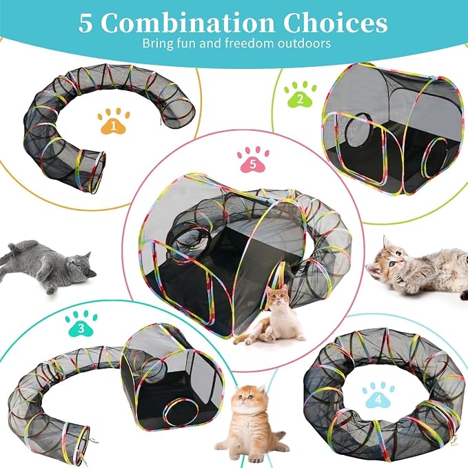 Outdoor Cat Enclosure 2-in-1, Extra Large Pop Up Cat Tent with 134" Tunnel for Indoor Cats, Expandable Foldable Cat Playpen for Backyard Camping, Fits Rabbits & Small Animals,1-Min Setup