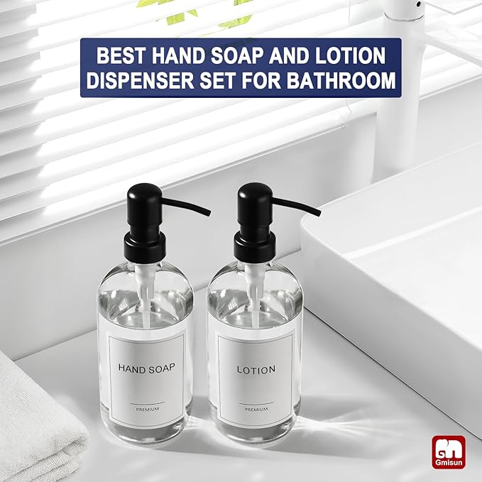 GMISUN Glass Soap Dispenser with Pump, 2 Pack Clear Bathroom Hand Soap Dispenser with Stainless Steel Pump, 17 Fl Oz Refillable Kitchen Hand and Dish Soap Dispensers Set, Modern Liquid Pump Bottles
