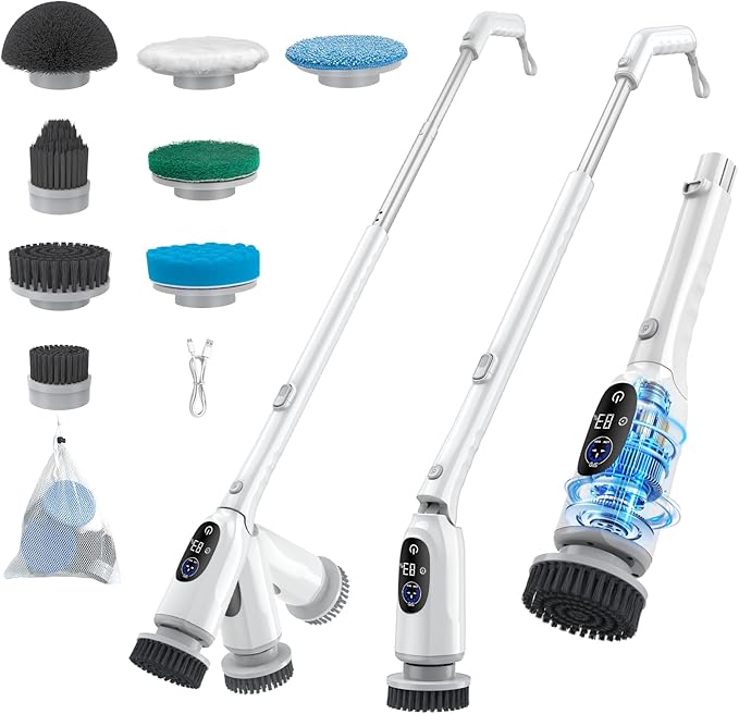 Electric Spin Scrubber, 8 in 1 Electric Spin Scrubber Replacement Brush Head Set for Bathroom, Kitchen, IPX7 Waterproof Bathroom Electric Cleaning Brush