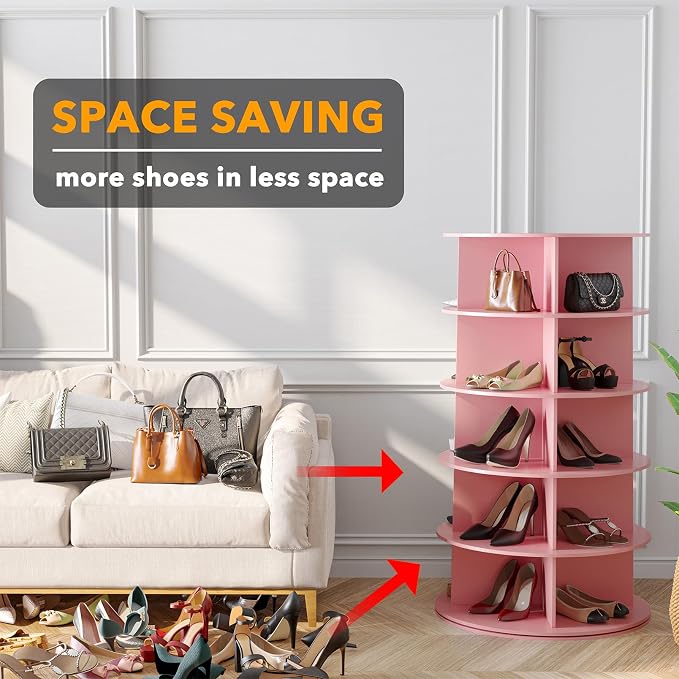SpaceAid 5 Tier Rotating Shoe Rack Tower, Spinning Shoe Display Lazy Susan, Revolving 360 Shoe Rack Storage Round Carousel, Vertical Handbag Rotate Shoes Closet Organization (5-Tier Pink)