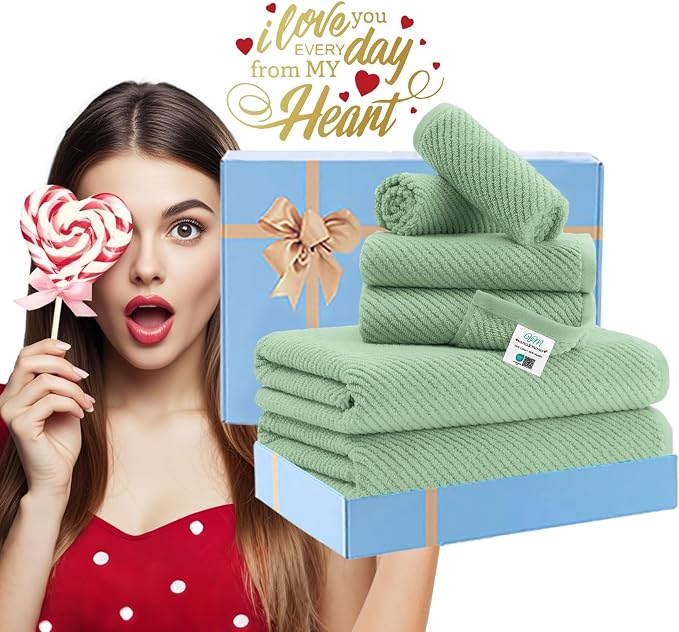 VOOVA & MOVAS 6PC Towel Set, 100% Cotton, Mint | 2 Large Bath 30x56 In, 2 Hand 18x28 In, 2 Wash Cloths 13x13 In, Quick Dry, Thick, Soft, Towel Gift Set