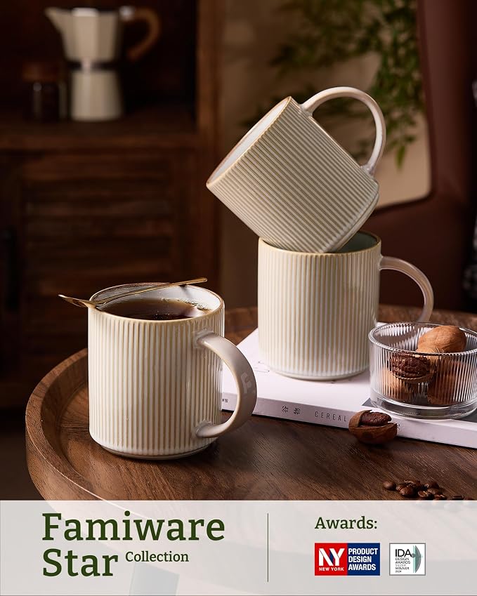 famiware Coffee Mug Set for 8, Star 16 oz Catering Mugs Cup Set with Handle for Coffee, Tea, Cocoa, Milk - Ceramic Stoneware Drinkware Set, Cappuccino White