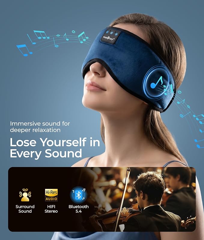 MUSICOZY Sleep Headphones, Bluetooth 5.4 Sleep Mask Headband Headphones Sleeping Eye Mask, Wireless Music Earbuds Earphones with HD Stereo Speakers Cool Gadgets Gifts (Midnight Blue)