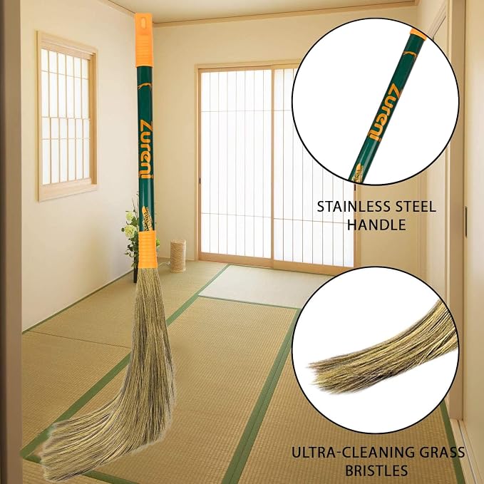 Zureni ZN-BR-08 Floor Broom with Natural Soft No Dust Grass Long Stick Jhadu for Home Pantry Office Cleaning (Random Colours)