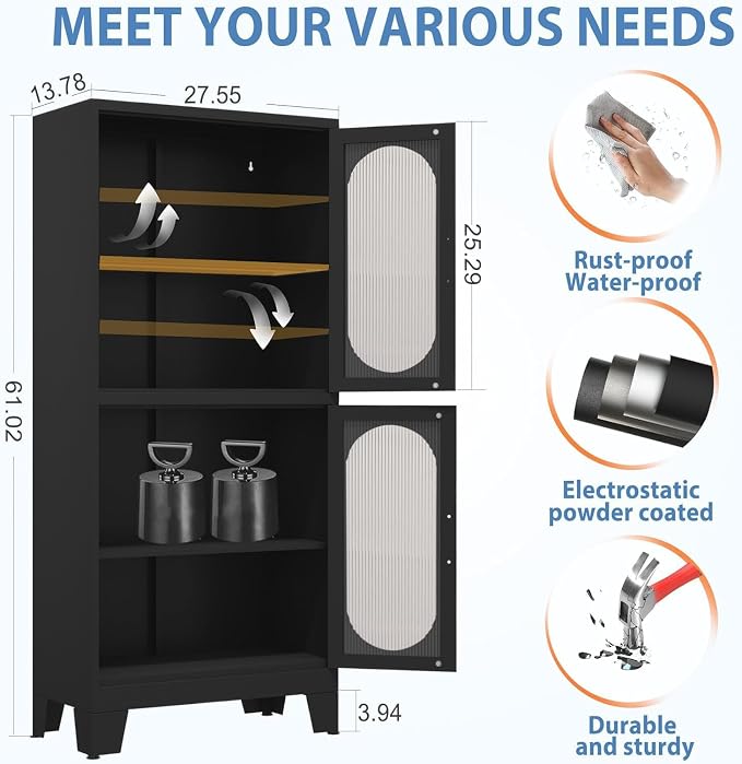 GAIOUS Black Kitchen Pantry Cabinet,Storage Cabinet with Acrylic Glass Door | and Adjustable Shelves, Metal Food Storage Cupboard, Tall Versatile Storage for Kitchen, Dining Room, Home Office and Bedroom