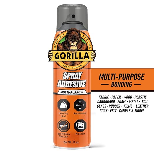 Gorilla Heavy Duty Spray Adhesive, Multi Purpose & Repositionable, Clear, 14 oz (Pack of 1) Bonds Paper, Cardboard, Foam, Fabric, Photo Safe, Non-Yellowing, Indoor & Outdoor