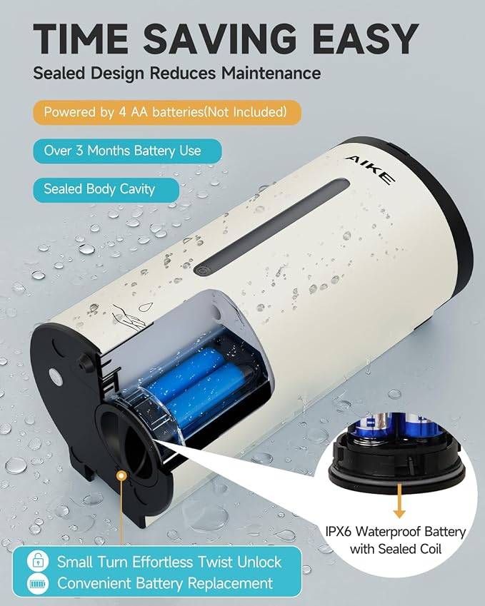 AIKE Automatic Liquid Soap Dispenser,25oz Capacity for Bathroom,Mattewhite | No-Drill and Screw Wall Mount Install Design for Space-Saving,4*AA batteries(Not Included) Ensure Long Standby,Model AK1205E