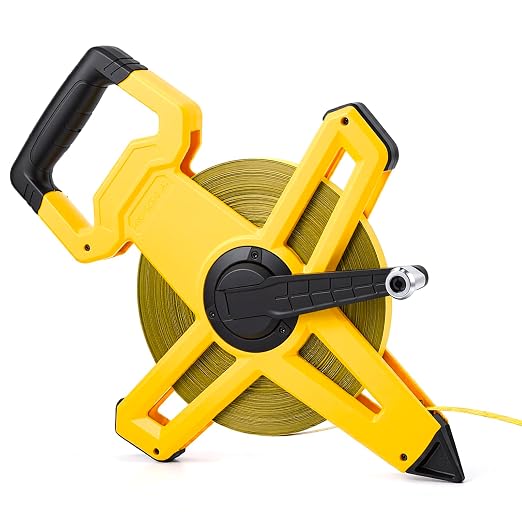 200ft/61m Open Reel Long Tape Measure, 1/2" Nylon-Coated Steel Blade, Dual Inch/Metric Scales, ABS Impact-Resistant Case for Construction, Surveying, Yellow