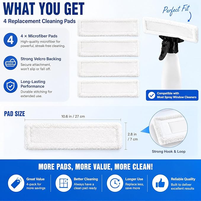 Microfiber Window Cleaning Refill Replacement - 4 Pack Reusable Pads, Compatible with Window Vacuum Squeegee Cordless, Multi-Purpose Scrubbing Tool Refill for Window Glass Cleaning Tools (White Cloth)