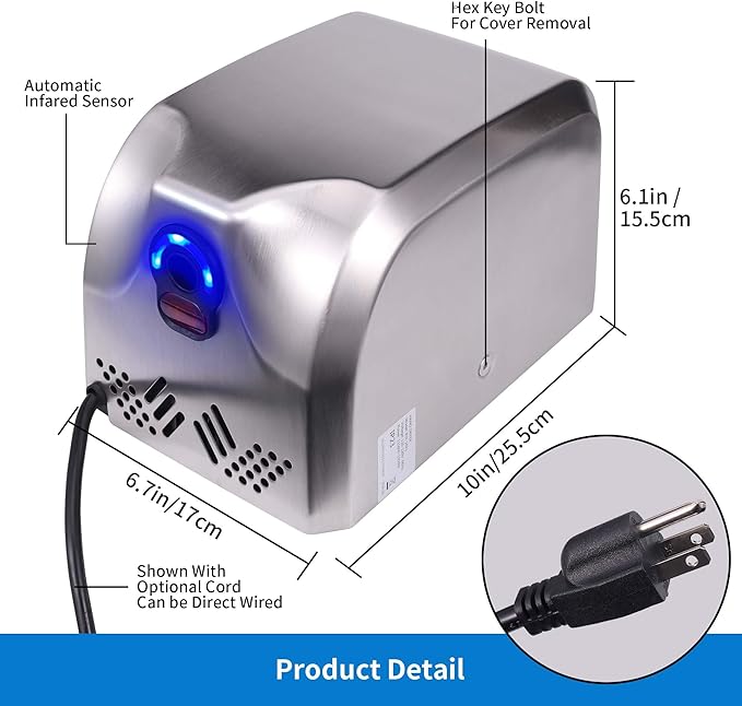 Goetland 304 Stainless Steel Hand Dryer Commercial Compact 1350w 70dB Heavy Duty Dull Polished for Bathroom Home Business Apartment