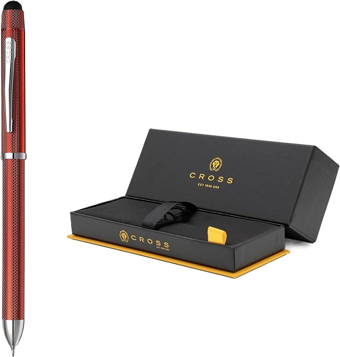 Cross Tech3+ with Sophisticated Brushed Red Diamond Pattern Finish Barrel, 0.5mm Pencil, Black and Red Ink Refills, Interchangeable Cap Tops in Premium gift box