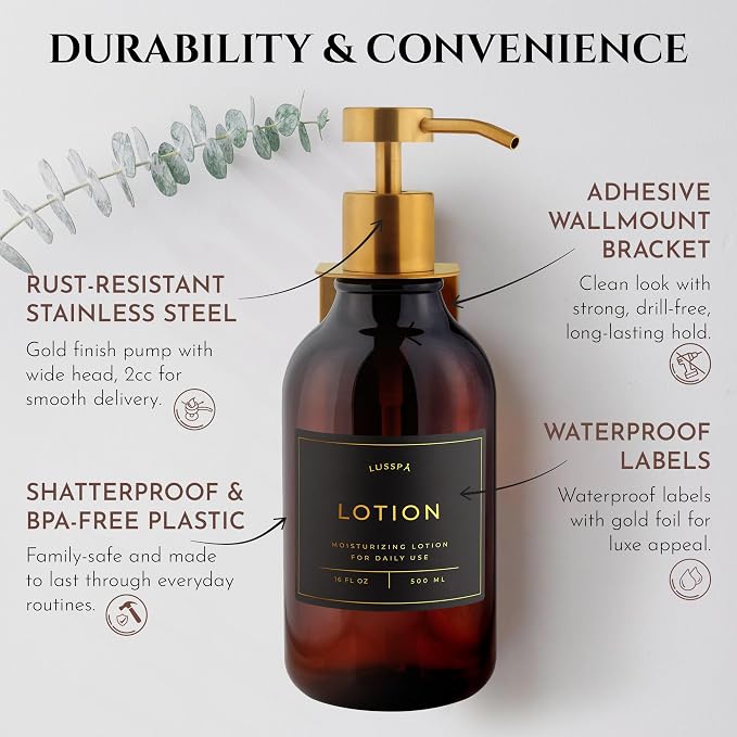 Shower Shampoo Dispenser Wall Mounted – Refillable 16.9 oz Amber Bottle with Stainless Steel Pump & No-Drill Adhesive Holder – Soap Dispenser for Bathroom (1 X Amber/Gold)