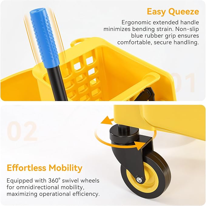 38 Qt Commercial Mop Bucket with Side Press Wringer on Wheels, Including Wet Floor Caution Sign, 1 Heavy Duty Industrial Mop, 1 Mop Head Replacement and a Pair of Gloves