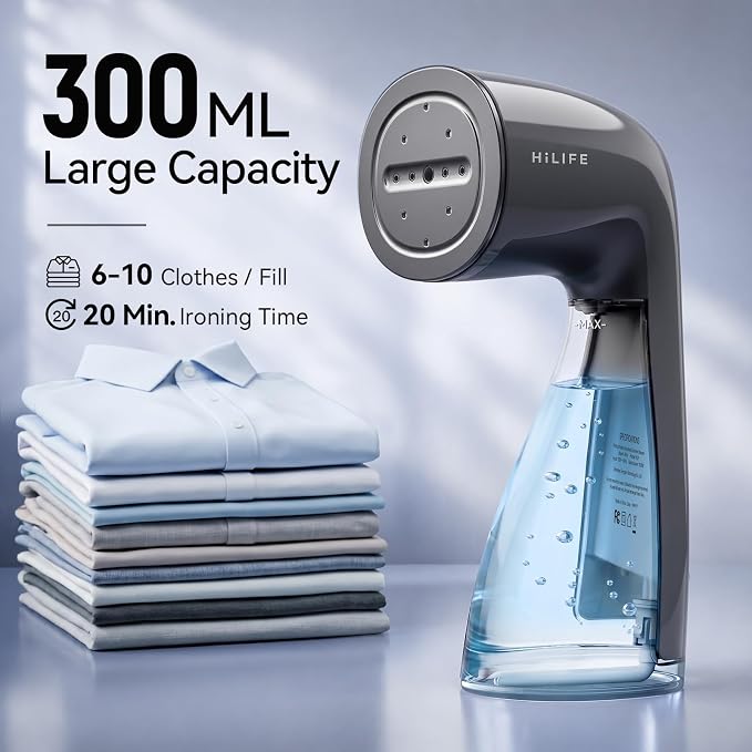 HiLIFE Steamer for Clothes, 1100W Clothes Steamer, Fast Wrinkle Removal with Large 300ml Tank, Ideal for All Fabrics, Easy to Use, Compact and Portable Travel Garment Steamer-Grey
