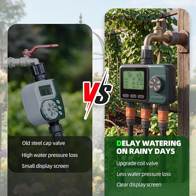 Sprinkler Timer 3 Zone, Programmable Water Timer for Garden Hose with Rain Delay, Manual and Automatic Irrigation Controller System, 3 Outlets Timed Irrigation Controller System for Lawn