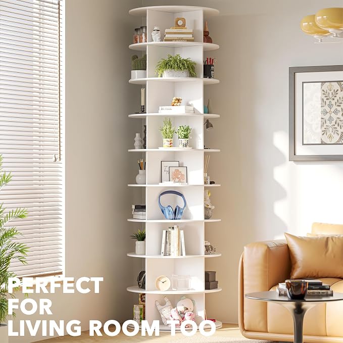 SpaceAid 9 Tier Rotating Shoe Rack Tower, Spinning Shoe Display Lazy Susan, Revolving 360 Shoe Rack Storage Round Carousel, Vertical Handbag Rotate Shoes Closet Organization (9-Tier White)