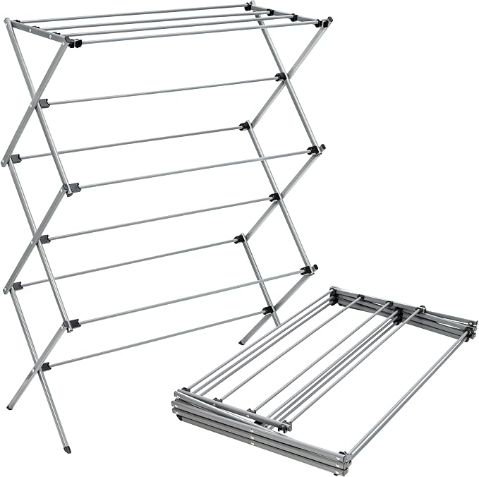 Honey-Can-Do Oversized Collapsible Clothes Drying Rack, 35", 50 lb, Grey | Oversized 35" x 45" steel rack holds 50 lb and folds flat for storage. Air-dry a full load indoors or outdoors.