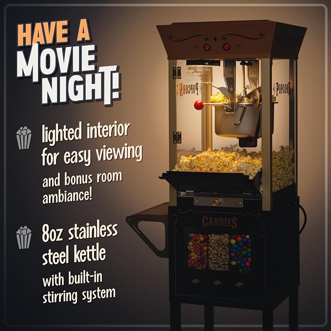 Nostalgia Popcorn Maker Machine and Dispensing Candy Cart - Vintage Popcorn Maker with 8 oz Stainless Steel Kettle - Bring Home the Fun with Theater Style Popcorn Machine - Black
