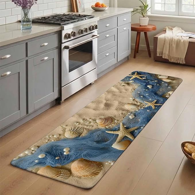 Hallway Runner Rug Indoor Outdoor 19.7"x63",Coastal Beach Absorbent Non Slip Floor Rug,Summer Nautical Blue Fishing Net Conch Low Profile Door Mat for Double Door Kitchen Laundry Room Corridor Mudroom