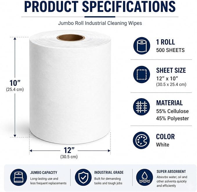 4 Rolls Industrial Cleaning Wipes Jumbo Roll, Heavy Duty Lint Free Shop Towels, Super Absorbent Reusable Cleaning Cloths for Garage Workshop Automotive, 500 Sheets 12"x 10" (White, 10"X12")