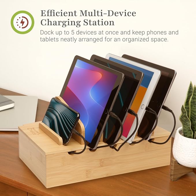 Prosumer's Choice Wooden Charging Station Organizer - 5-Port Base for Phones, Tablets and Laptops - Multi-Device Docking Station with Removable Divider Slots - Cord Box with Cable Management - Bamboo