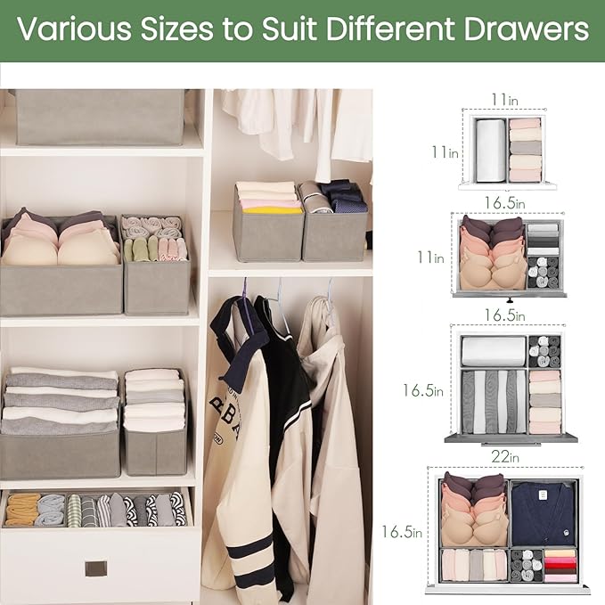 Criusia Drawer Organizer Clothes, 24 Pack Underwear Drawer Organizers, Foldable Closet Organizers and Storage Dresser Drawer Dividers Clothing Organizer for Clothes, Socks, Scarves, Bra, Ties (Grey)