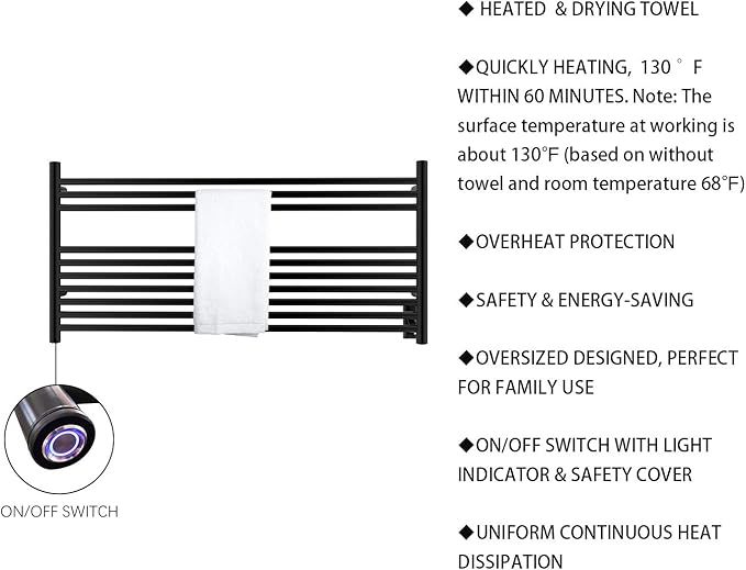 HEATGENE Towel Warmer 10 Bar Towel Dryer Wall-Mounted Plug-in Bath Towel Heater - Matte Black