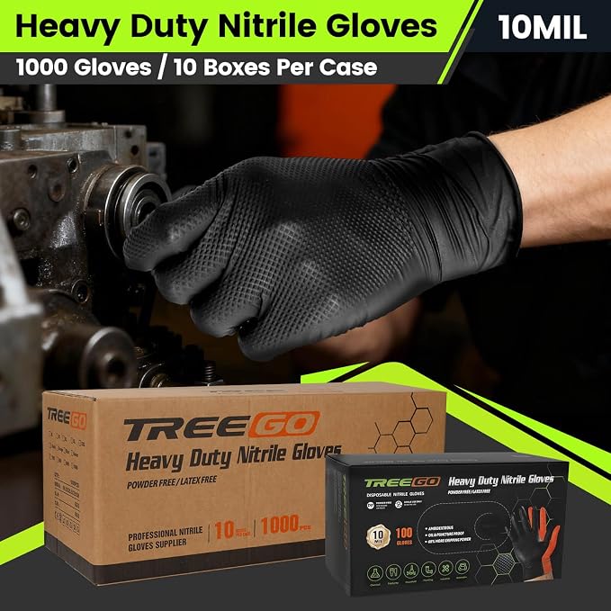 TREEGO Black 10 Mil Diamond Grip Nitrile Gloves Case, Large, 1000 Count | Latex Free, Professional Mechanic Gloves for Automotive Service, Garage, Workshop & Industrial Maintenance