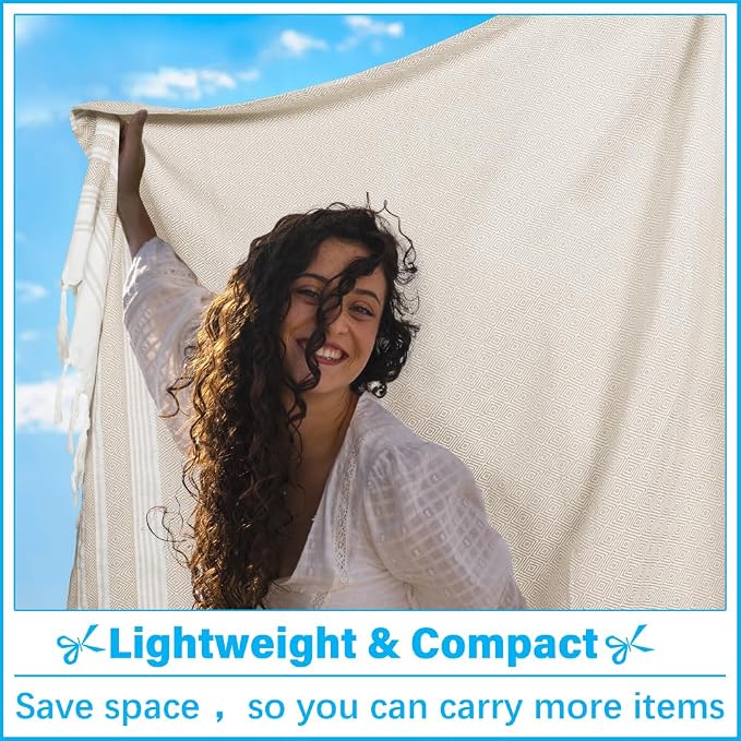 Vikumond Turkish Beach Towel Blanket Oversized 88x82 Inch Quick Dry Beige | Lightweight Compact Portable Sand Free Absorbent Boho Woven Throw for Pool Swimming Picnic Camping Cruise Outdoor Essentials