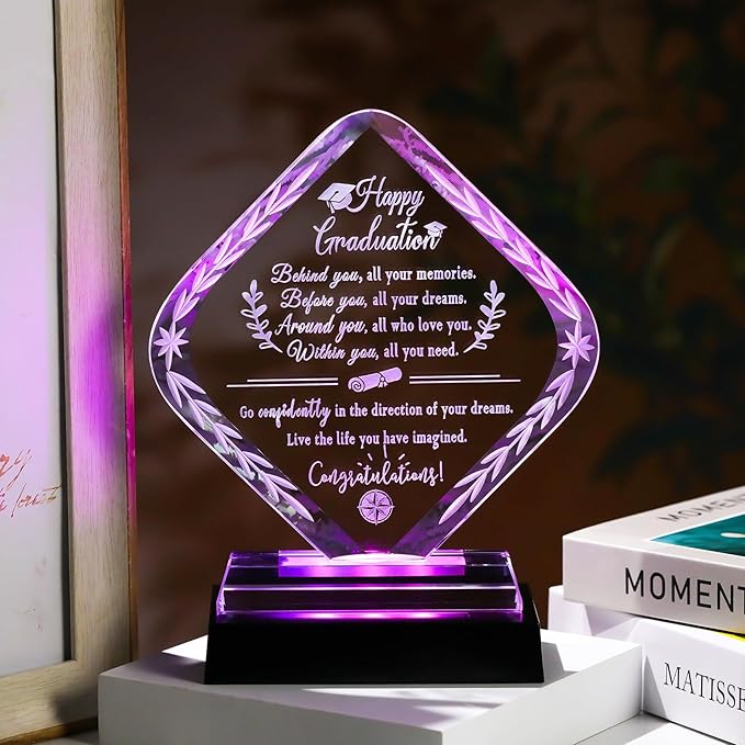 Arikyrist Graduation Gifts for Her Him Crystal Plaque with Light Base Class of 2026 College Graduation Keepsakes for Graduate Congratulations Gifts Idea for High School PHD Masters Degree