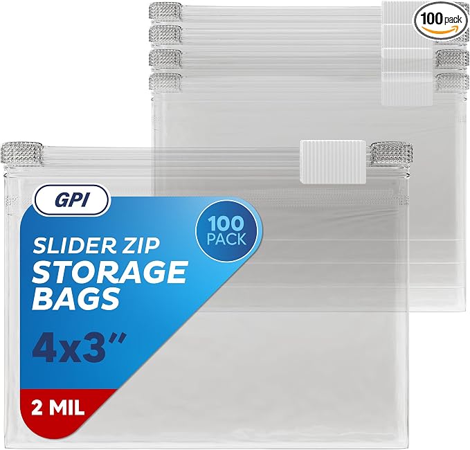 100 Count - Slider Zip Food Storage Snack Bags, 4" x 3" 2 Mil Small, Strong & Durable For Nuts, Candy, Snacks, Seeds, Jewelry & More. GPI