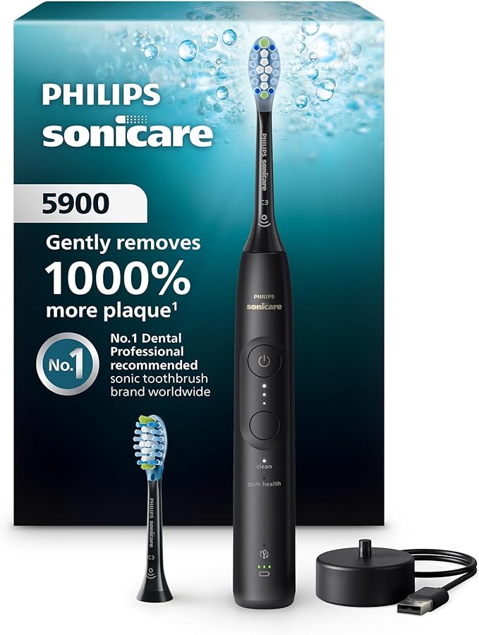 Philips Sonicare 5900 Series Electric Toothbrush, Pressure Sensor, 6 Brushing Settings, SmarTimer, BrushPacer, 21-Day Runtime, Gentle Professional-Clean Feel, for Sensitive Gums, Black, HX7131/02