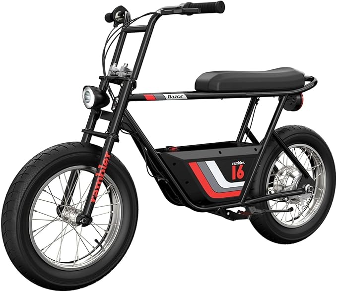Razor Rambler 16 – 36V Electric Minibike with Retro Style, Up to 15.5 MPH, Up to 11.5 Miles Range, Wide, Rugged 16" Air-Filled Tires, Powerful 350 Watt Hub-Driven Motor | 140 lb Max Weight – 24V Battery, Up to 14 Mph, 30-Min Ride Time, Twist-Grip Throt...