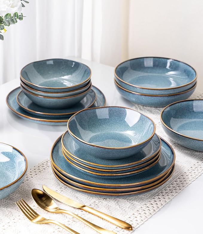 AmorArc 8.5'' Large Ceramic Pasta Bowls, 36oz Stoneware Pasta Serving Bowls Set of 4 for Kitchen, Wide Bowls for Pasta,Salad,Oatmeal, Microwave Safe, Reactive Glaze-Blue