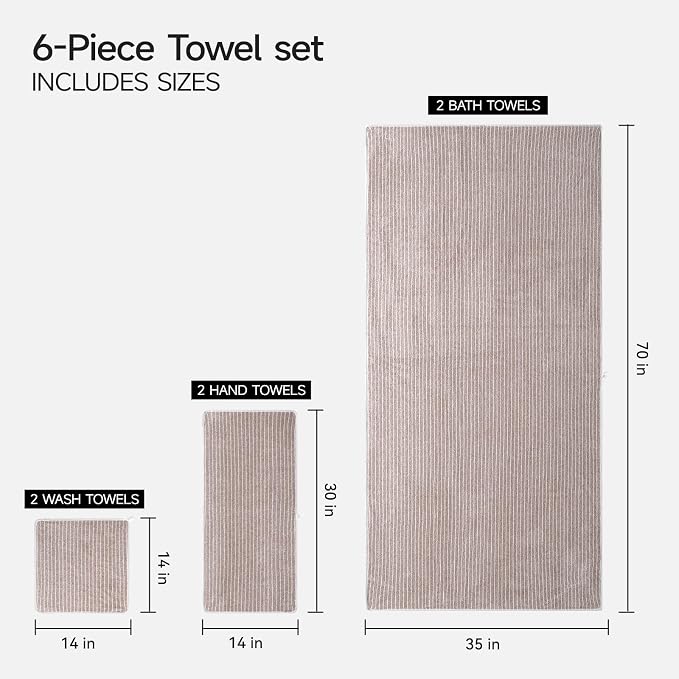 REDKISS 6-Piece Microfiber Bath Towel Set, Ultra Soft, Highly Absorbent & Quick Dry, 35x70 Inch Oversized, Taupe Towels for Bathroom, Spa, Gym, 2 Bath 2 Hand 2 Washcloths