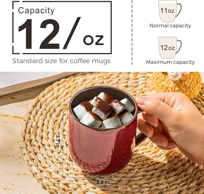 LERATIO Ceramic Coffee Mugs Set of 6,12oz Handmade Coffee Mugs Set | Large Handle for Cappuccino/Latte/Tea/Hot Cocoa,Oven &Dishwasher & Microwave Safe-Red