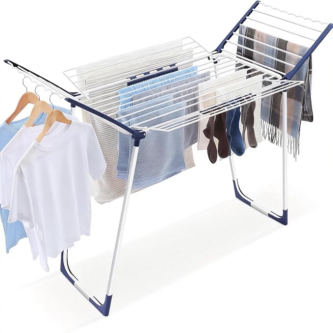 APEXCHASER Clothes Drying Rack Foldable - Drying Rack Clothing Large Space, Winged Laundry Rack with Sock Clips for Hanging Towels Clothes Dress Bedding Indoor Outdoor, White