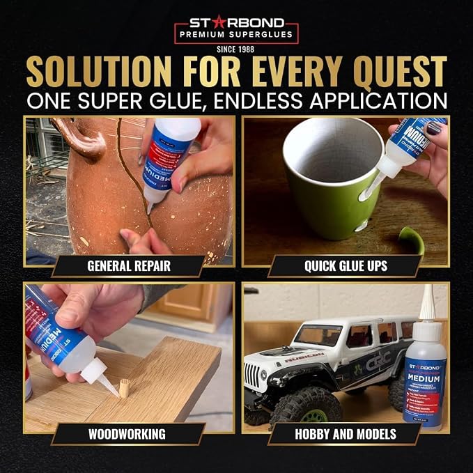 Starbond 4 oz. Medium CA Glue (Premium Cyanoacrylate Super Glue) with Extra Cap and Microtips for Quick Fixes, Woodworking, Woodturning, Hobby Models