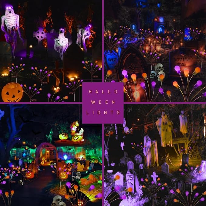 OZS 6Pack 48LED Solar Firefly Halloween Lights Outdoor for Party Decor | Purple Orange Lights for Halloween Decorations, Swaying Firefly Effect, IP65 Waterproof, 2 Modes for Path Garden Yard