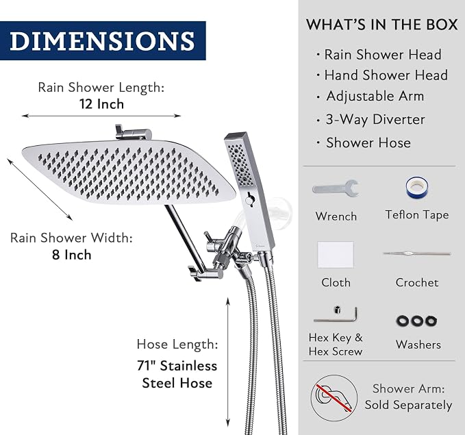 G-Promise All Metal 12 Inch Dual Square Shower Head with Handheld Spray Combo, Rain Shower Head, Adjustable Extension Arm, 3-Way Diverter, 71 Inch Extra Long Hose - A Bathroom Upgrade (Chrome)