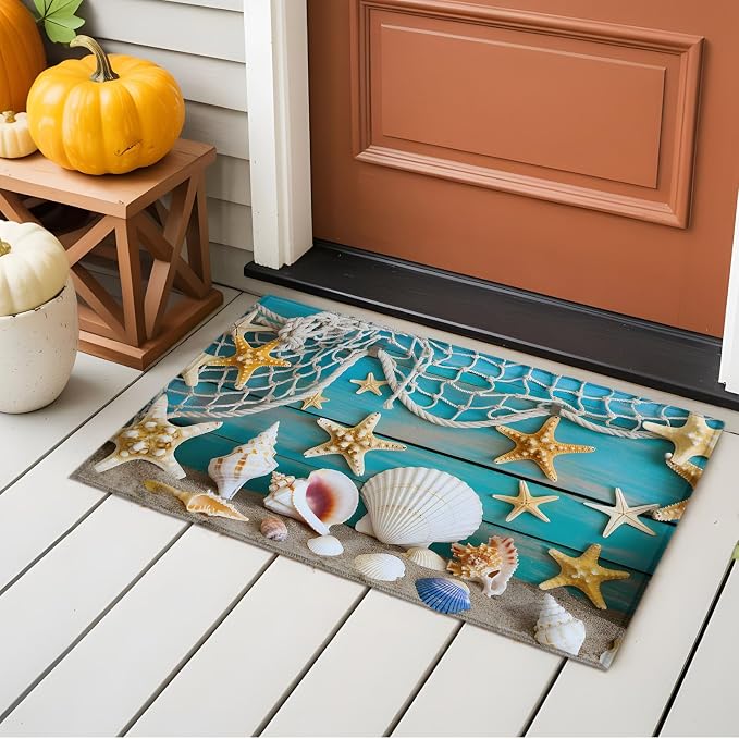 Entryway Rug 2 x 3 Ft, Beach Starfish Indoor Floor Mat for Hallway/Kitchen, Ocean Conch Fishing Net Blue Wood Grain Non Slip Low Pile Bathroom Rugs for Office/Living Room/Home Decor, Small