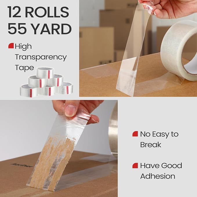Dunzoom 2 Pack Packing Tape Dispenser Gun with 12 Roll Packing Tape 2 Inch Gun 2.7 Mil Heavy Duty Packaging for Shipping, Moving, Carton and Box Sealing(Red)