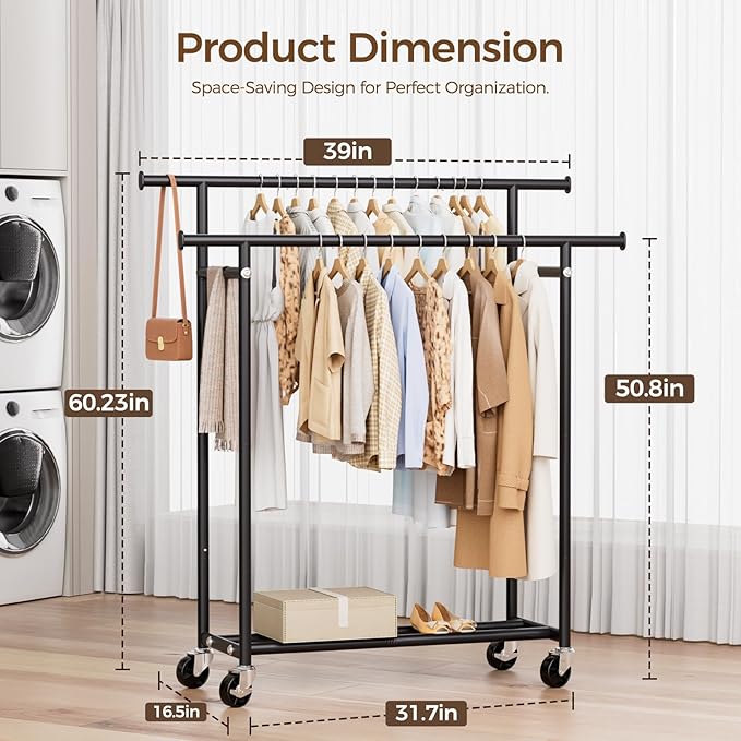 HYSEYY Clothes Rack, Double Rods Rolling Clothing Rack for Hanging Clothes, Portable Garment Rack with Wheels, Coat Rack Wardrobe Closet Load 240 LBS for Bedroom Laundry Room (Black, L)
