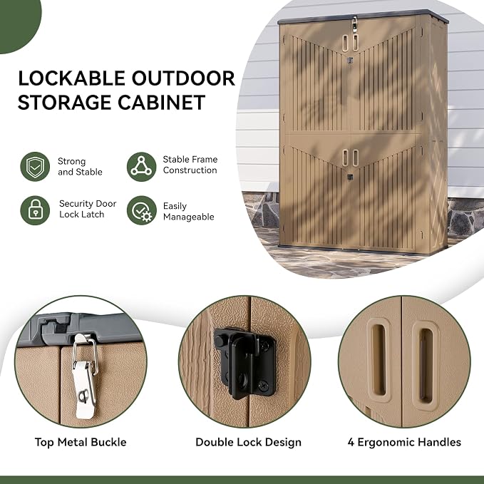 Aoxun Outdoor Storage Shed with Floor, 64 Cu.Ft Outdoor Storage Cabinet | Large Waterproof Vertical Resin Shed for Garden Tools, Pool Equipment, Brown