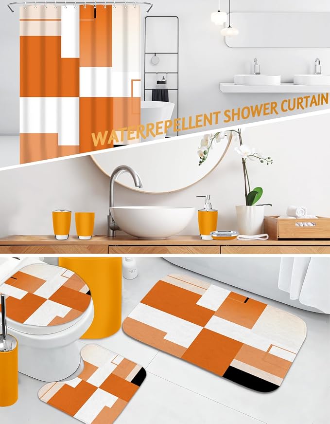 Lnond Orange Bathroom Set, 22-Piece Orange Abstract Bathroom Decor Set with with Shower Curtain and Rugs, Trash Can, Toilet Brush Holder Set & Soap Dispenser