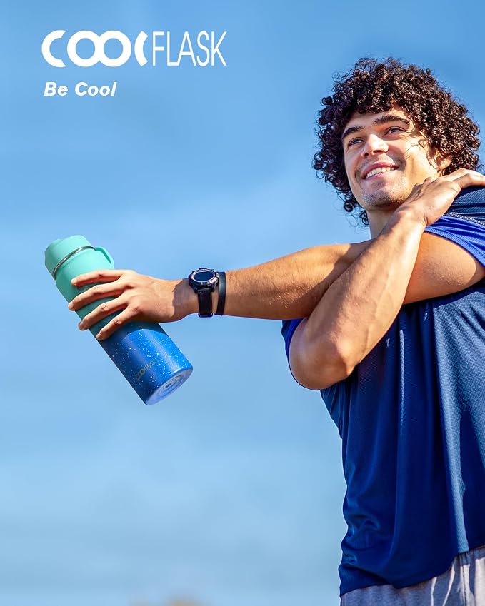 Coolflask Water Bottle 24 oz Insulated with Straw, Stainless Steel Metal 3 Lids Water Flask Wide Mouth for Sports or Office, Non-BPA Keep Cold Up to 48 Hrs or Hot Up to 24 Hrs, Glacier Blue